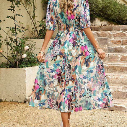 Bohemian Elegance V-Neck Dress with Stylish Waist Accents - Très Elite