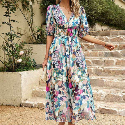 Bohemian Elegance V-Neck Dress with Stylish Waist Accents - Très Elite