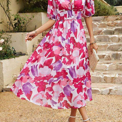 Bohemian Elegance V-Neck Dress with Stylish Waist Accents - Très Elite