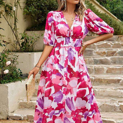 Bohemian Elegance V-Neck Dress with Stylish Waist Accents - Très Elite