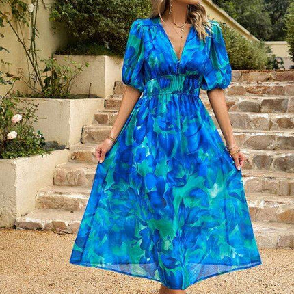 Bohemian Elegance V-Neck Dress with Stylish Waist Accents - Très Elite