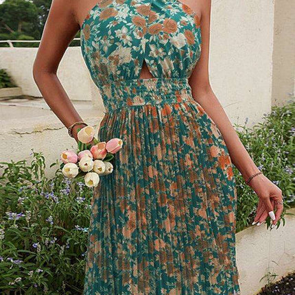 Bohemian Floral Halter Backless Dress with Chic Print - Très Elite