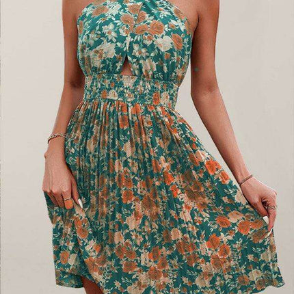 Bohemian Floral Halter Backless Dress with Chic Print
