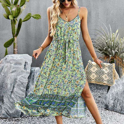Bohemian Floral Maxi Dress with Adjustable Slit and Suspender Straps for Women - Très Elite