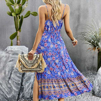 Bohemian Floral Maxi Dress with Adjustable Slit and Suspender Straps for Women - Très Elite