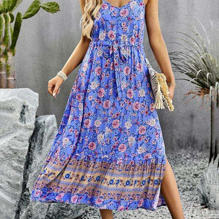 Bohemian Floral Maxi Dress with Adjustable Slit and Suspender Straps for Women - Très Elite