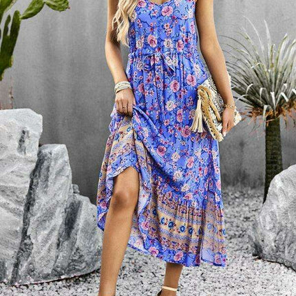 Bohemian Floral Maxi Dress with Adjustable Slit and Suspender Straps for Women - Très Elite