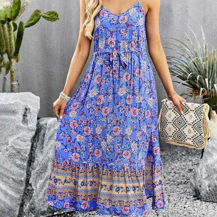Bohemian Floral Maxi Dress with Adjustable Slit and Suspender Straps for Women