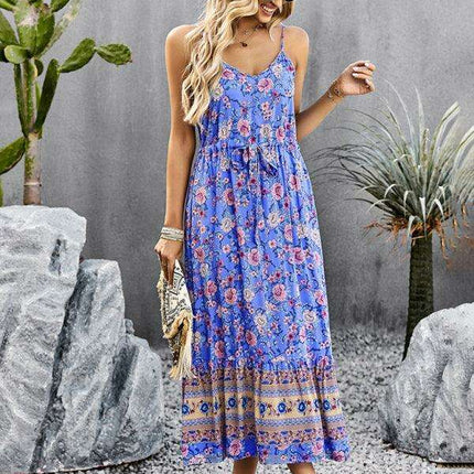 Bohemian Floral Maxi Dress with Adjustable Slit and Suspender Straps for Women - Très Elite