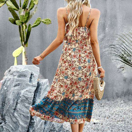 Bohemian Floral Maxi Dress with Adjustable Slit and Suspender Straps for Women - Très Elite