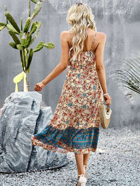 Bohemian Floral Maxi Dress with Adjustable Slit and Suspender Straps for Women