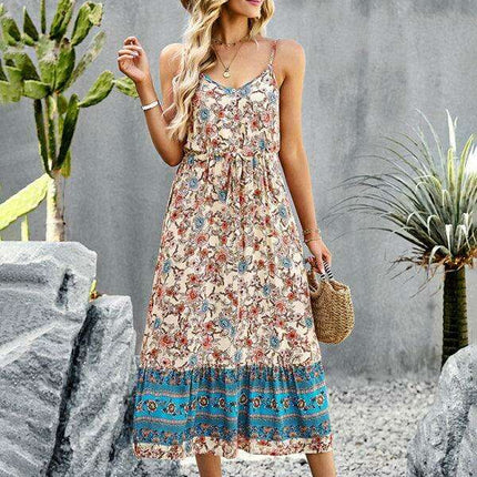 Bohemian Floral Maxi Dress with Adjustable Slit and Suspender Straps for Women - Très Elite