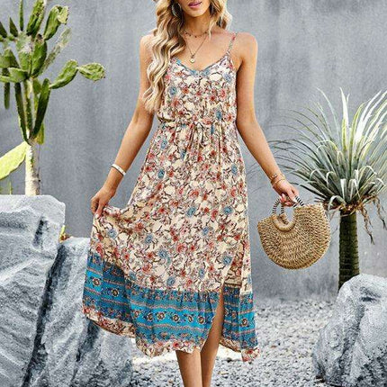 Bohemian Floral Maxi Dress with Adjustable Slit and Suspender Straps for Women - Très Elite