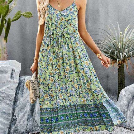 Bohemian Floral Maxi Dress with Adjustable Slit and Suspender Straps for Women - Très Elite
