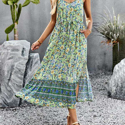 Bohemian Floral Maxi Dress with Adjustable Slit and Suspender Straps for Women - Très Elite