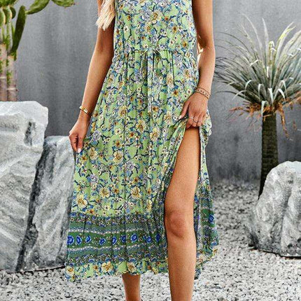 Bohemian Floral Maxi Dress with Adjustable Slit and Suspender Straps for Women