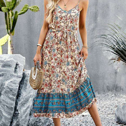 Bohemian Floral Maxi Dress with Adjustable Slit and Suspender Straps for Women