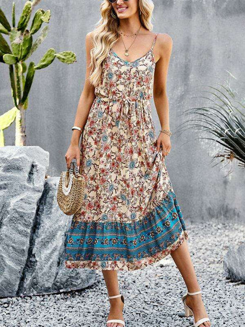 Bohemian Floral Maxi Dress with Adjustable Slit and Suspender Straps for Women