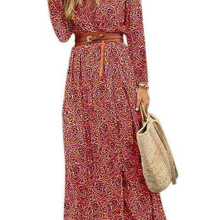 Bohemian Floral V-Neck Maxi Dress with Adjustable Belt - Très Elite