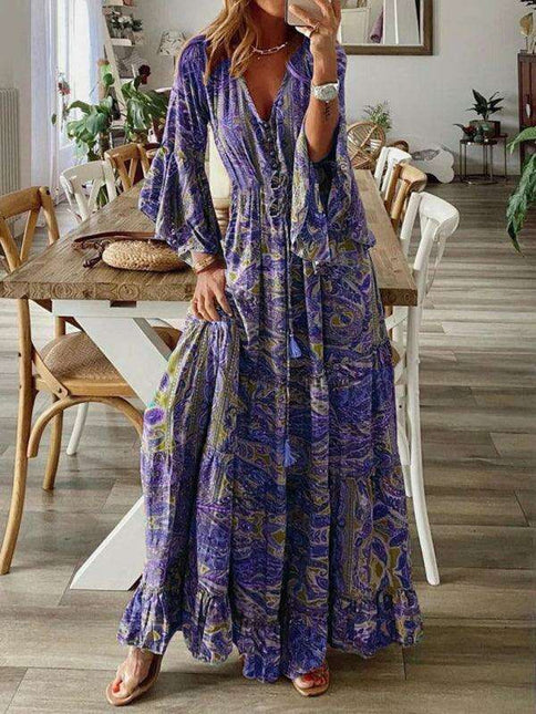Bohemian Floral V-Neck Maxi Dress with Elegant Trumpet Sleeves