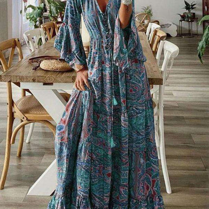 Bohemian Floral V-Neck Maxi Dress with Elegant Trumpet Sleeves