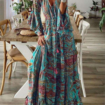 Bohemian Floral V-Neck Maxi Dress with Elegant Trumpet Sleeves