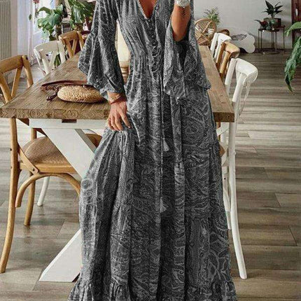 Bohemian Floral V-Neck Maxi Dress with Elegant Trumpet Sleeves