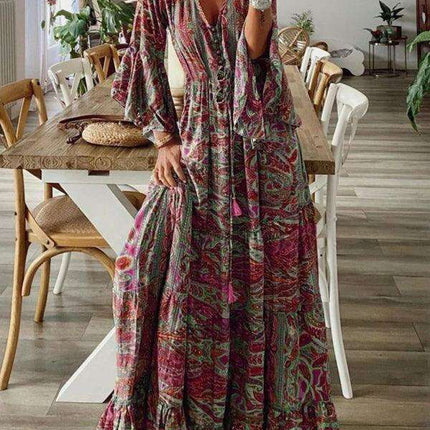 Bohemian Floral V-Neck Maxi Dress with Elegant Trumpet Sleeves