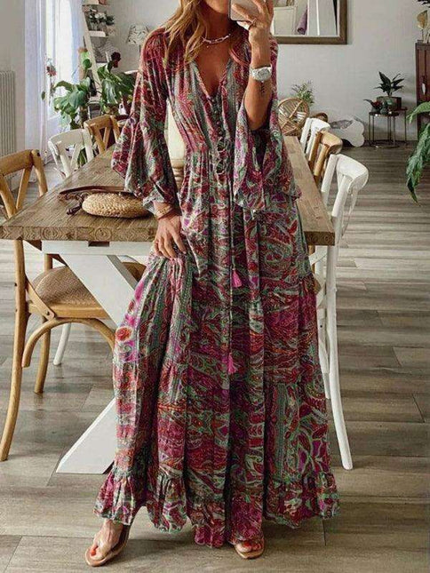 Bohemian Floral V-Neck Maxi Dress with Elegant Trumpet Sleeves