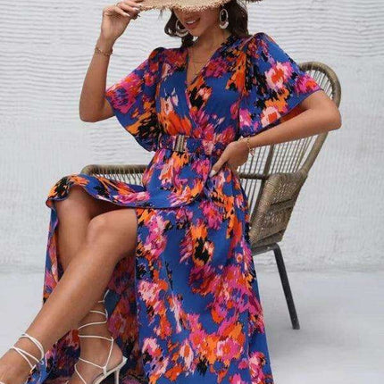 Bohemian Floral V-Neck Summer Dress with Asymmetrical Hem - Très Elite