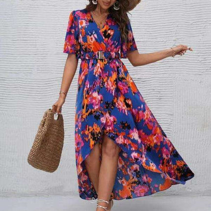 Bohemian Floral V-Neck Summer Dress with Asymmetrical Hem