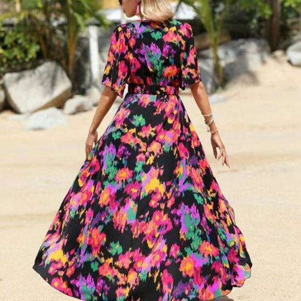 Bohemian Floral V-Neck Summer Dress with Asymmetrical Hem - Très Elite