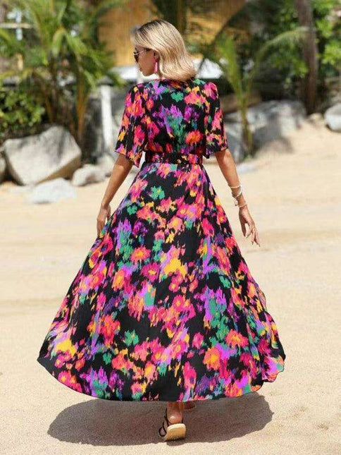 Bohemian Floral V-Neck Summer Dress with Asymmetrical Hem