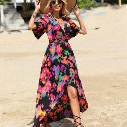 Bohemian Floral V-Neck Summer Dress with Asymmetrical Hem - Très Elite