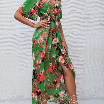 Bohemian Floral V-Neck Summer Dress with Asymmetrical Hem