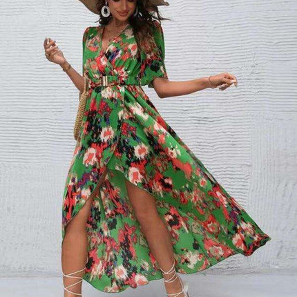 Bohemian Floral V-Neck Summer Dress with Asymmetrical Hem - Très Elite