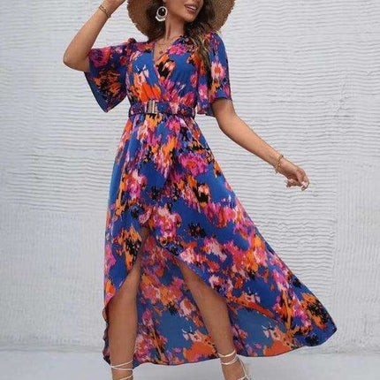 Bohemian Floral V-Neck Summer Dress with Asymmetrical Hem - Très Elite