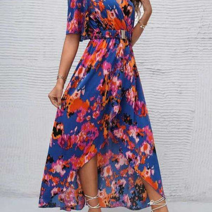 Bohemian Floral V-Neck Summer Dress with Asymmetrical Hem - Très Elite