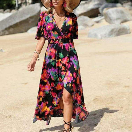 Bohemian Floral V-Neck Summer Dress with Asymmetrical Hem