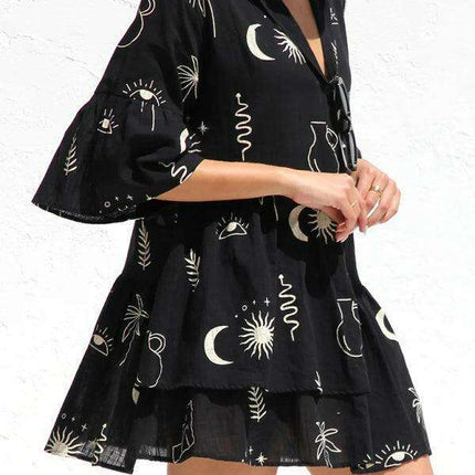 Bohemian-Inspired Midi Dress with Trumpet Sleeves - Très Elite