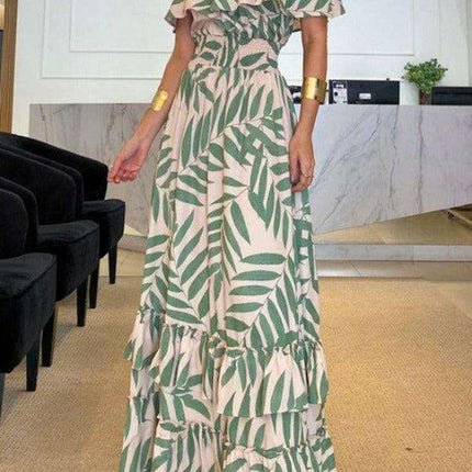 Bohemian Leaf Print Asymmetrical Summer Dress for Women