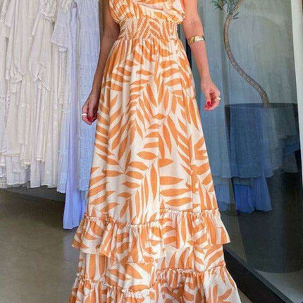 Bohemian Leaf Print Asymmetrical Summer Dress for Women