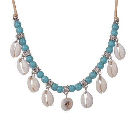 Bohemian Shell Pendant Velvet Braided Necklace – Adjustable Turquoise Beads - Très Elite