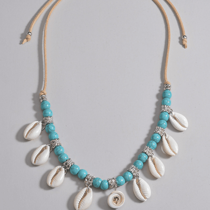 Bohemian Shell Pendant Velvet Braided Necklace – Adjustable Turquoise Beads - Très Elite