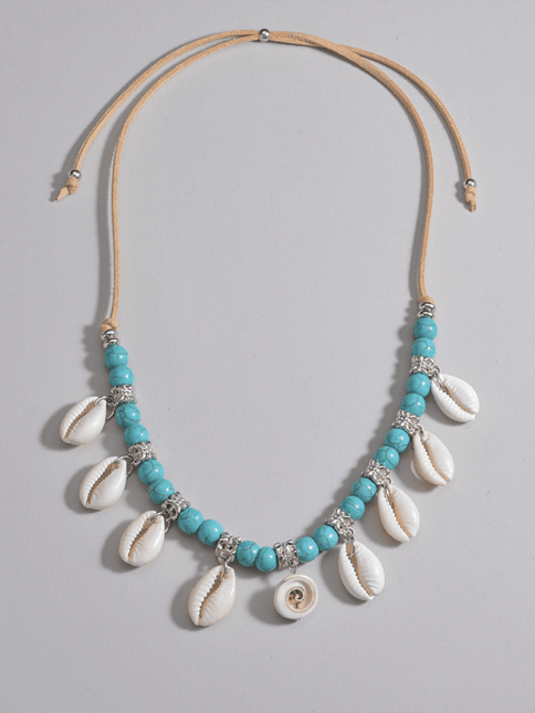 Bohemian Shell Pendant Velvet Braided Necklace – Adjustable Turquoise Beads
