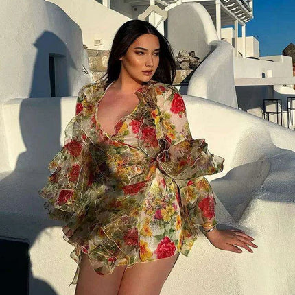 Bohemian Summer Floral V-Neck Dress with Ruffles - Très Elite