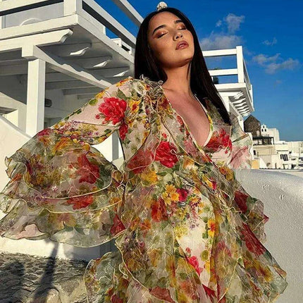 Bohemian Summer Floral V-Neck Dress with Ruffles - Très Elite