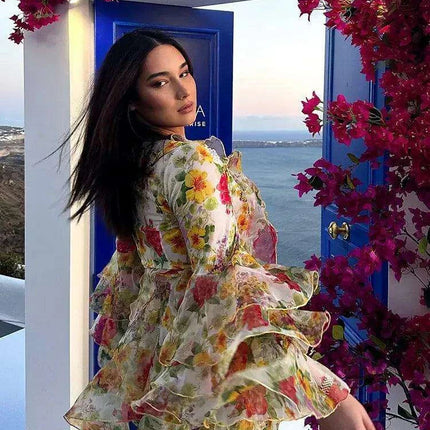 Bohemian Summer Floral V-Neck Dress with Ruffles - Très Elite