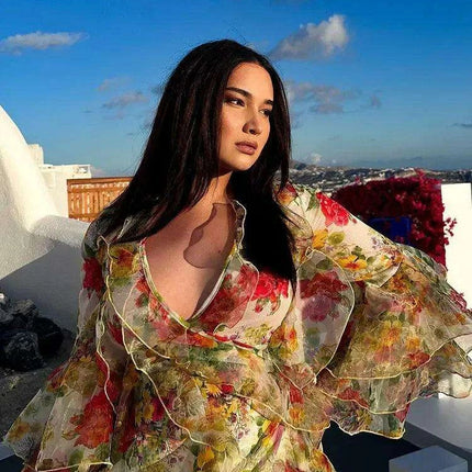 Bohemian Summer Floral V-Neck Dress with Ruffles - Très Elite