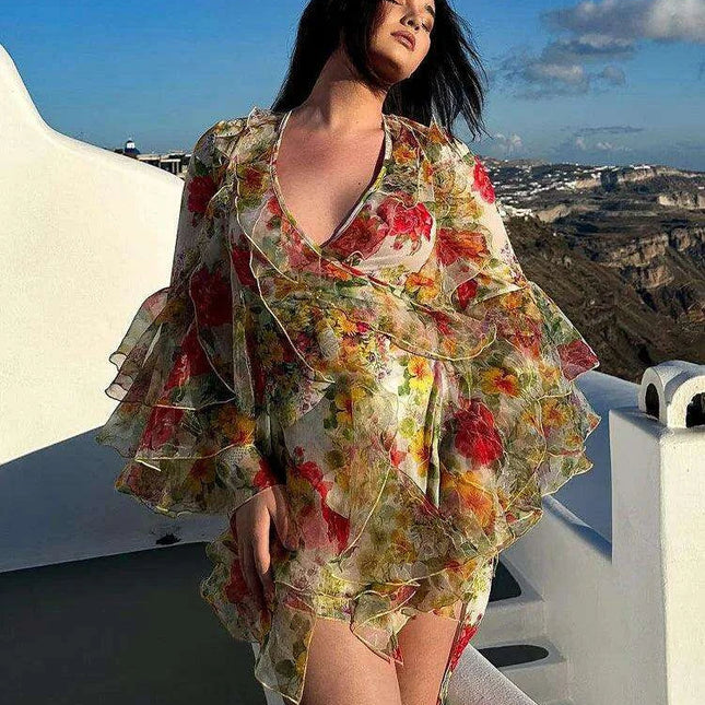 Bohemian Summer Floral V-Neck Dress with Ruffles